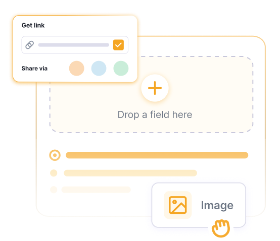 Drag-and-drop form builder canvas with shareable link and image upload field